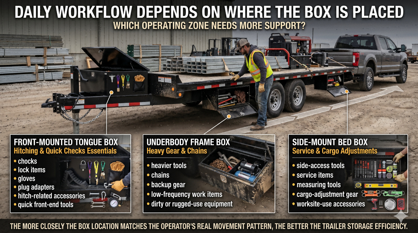 Trailer storage placement guide showing front-mounted tongue box, underbody frame box, and side-mount bed box, explaining how box location affects daily workflow and operating efficiency